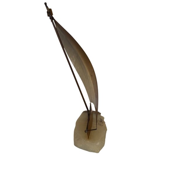 VTG John Demott Signed Mid Century Brass Sailboat Sculpture Onyx Quartz - Picture 4 of 8